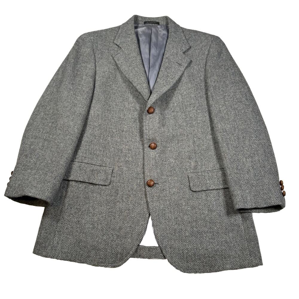 Vintage Mens Sports Coat Wool Tweed 44R Grey USA Union Made
